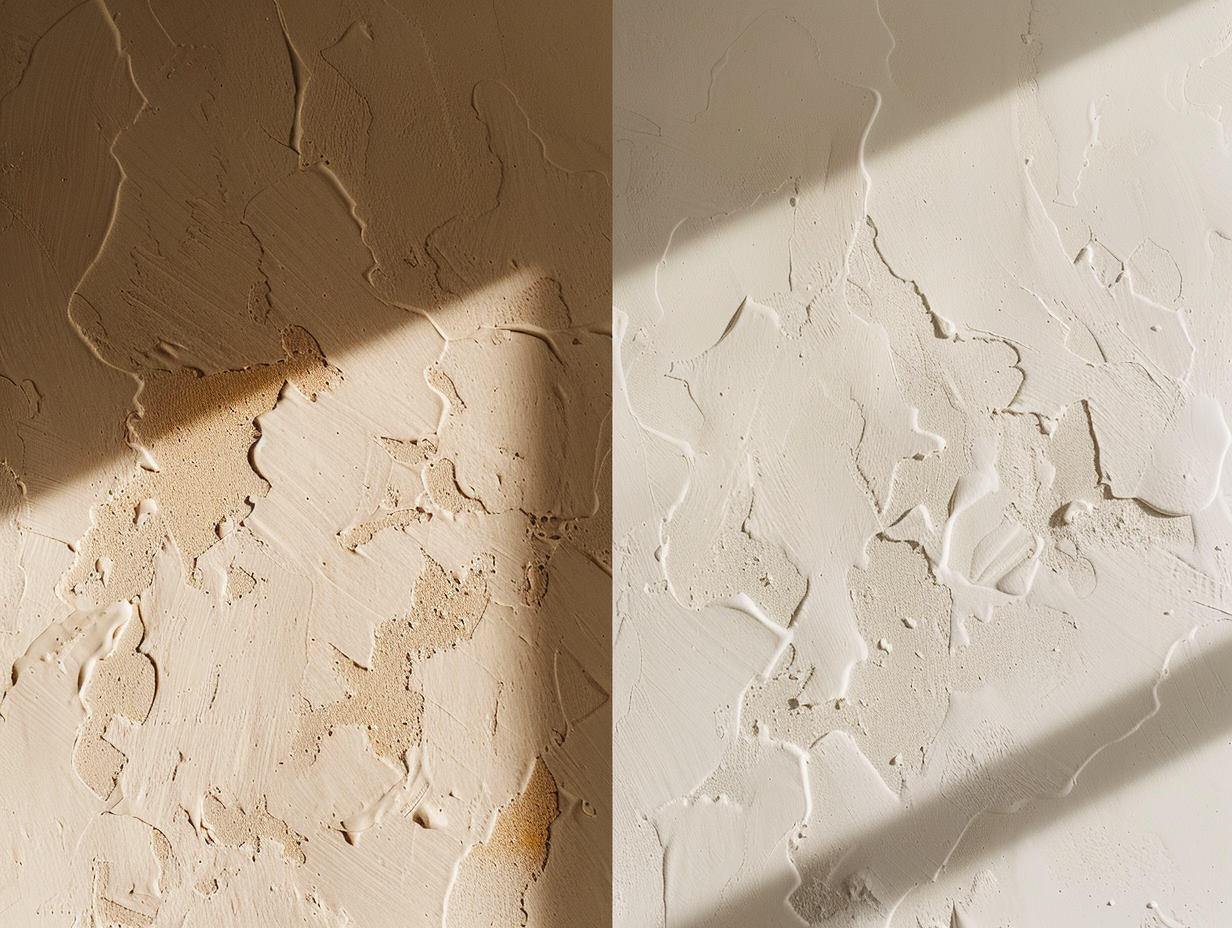 Detail of a hand-troweled lime plaster wall meeting wood trim in raking afternoon light