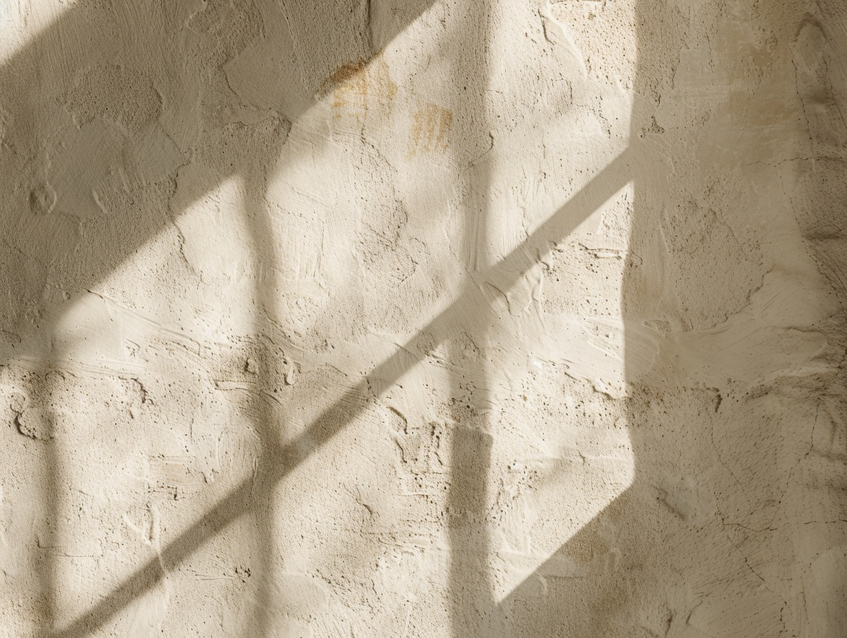 Lime paint wall in soft raking light, hand-brushed cloudy translucent layers across a farmhouse interior, coastal Carolina