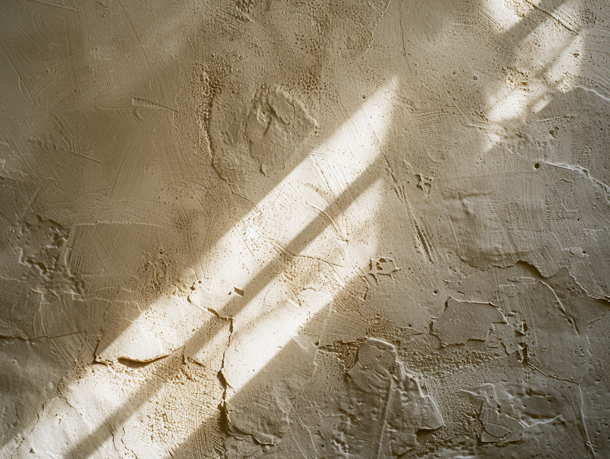 Burnished cream lime plaster wall meeting dark wood trim in raking afternoon light, western North Carolina residential interior